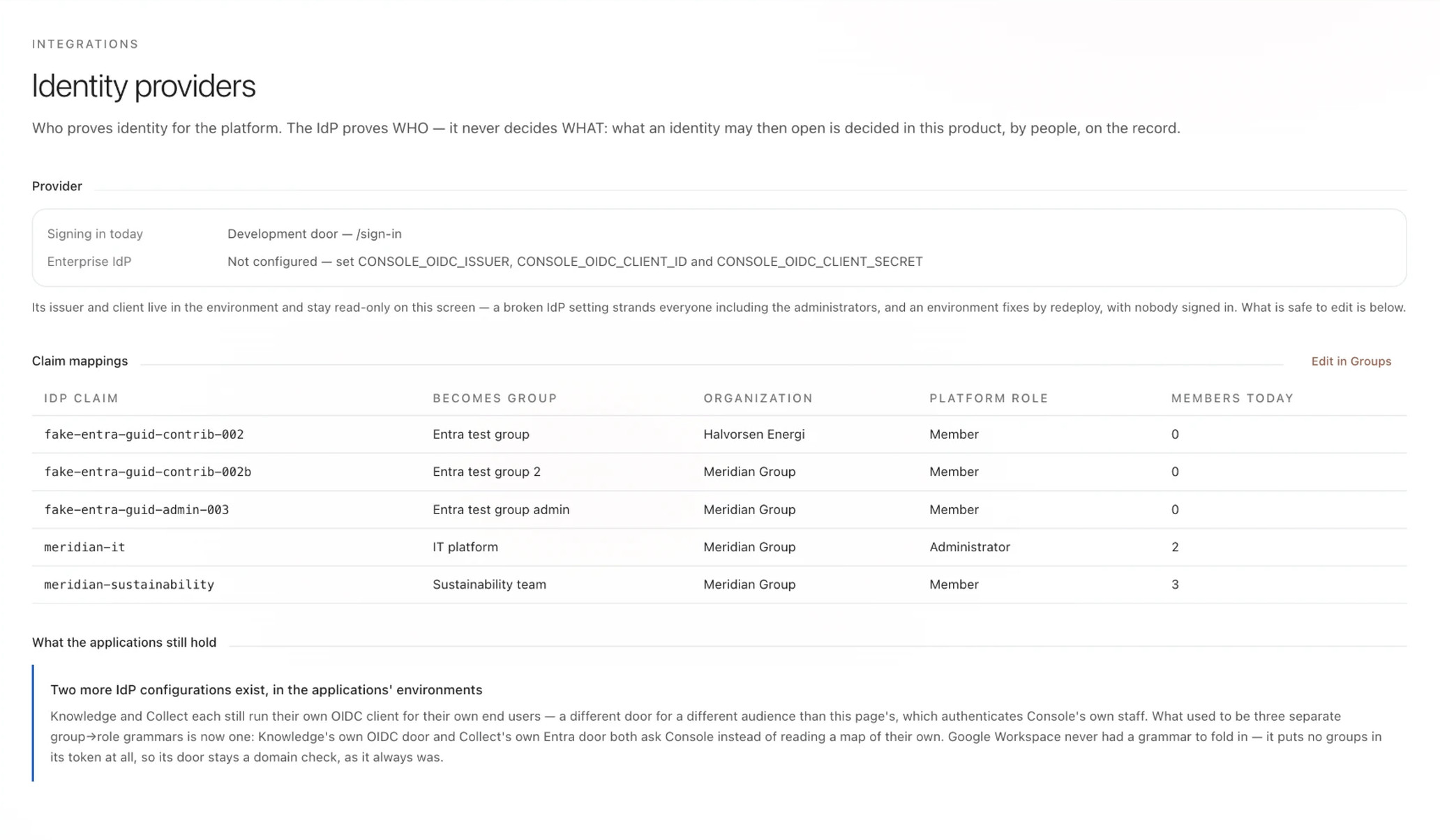 Console's identity providers screen: which IdP proves who signs in, and the claim mappings that turn an IdP claim into a group, an organization and a platform role.