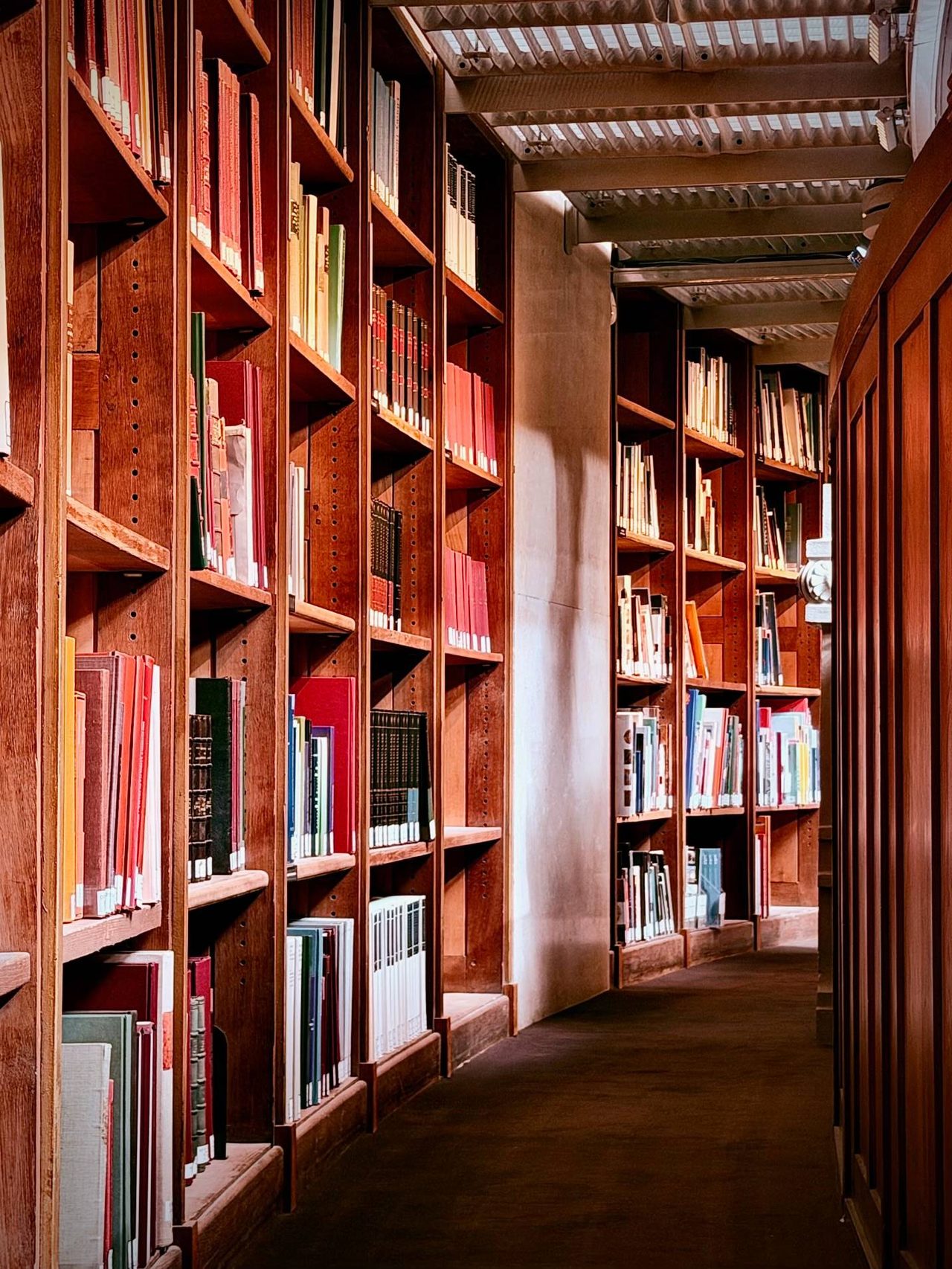 A corridor between tall wooden shelves, books ranged spine out, the floor receding toward the far end.